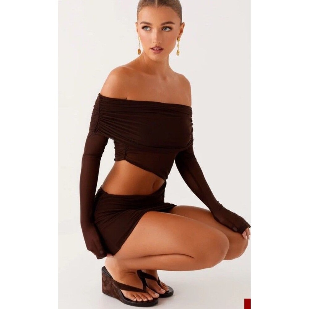 Peppermayo M 6 Emery Mini Dress Mesh Chocolate Mini Off The Shoulder Cutout Long